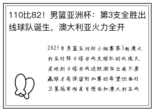 110比82！男篮亚洲杯：第3支全胜出线球队诞生，澳大利亚火力全开